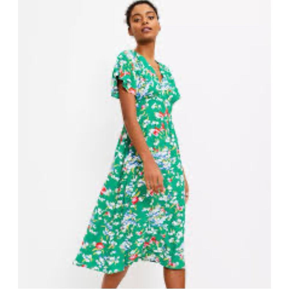 Ann Taylor LOFT Green 10P Petite Floral V Neck Midi Dress Flutter Sleeve Cottage